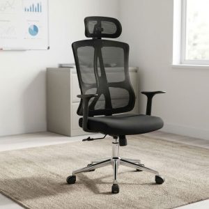 Black high-back mesh ergonomic staff chair with adjustable mesh headrest, integrated lumbar support spine, padded fabric seat, T-shaped armrests, pneumatic tilt lever, and 5-star chrome base on dual-wheel casters.