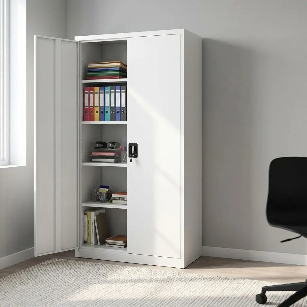 White 2-door steel office file cabinet with full-length hinged doors, five internal storage compartments, height-adjustable shelves, and black key-lock handle.