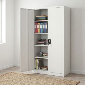 White 2-door steel office file cabinet with full-length hinged doors, five internal storage compartments, height-adjustable shelves, and black key-lock handle.