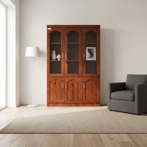 Mahogany 3-door executive wooden filing cabinet with arched upper glass display doors, solid lower wooden cupboards, internal shelves, silver handles, and key locks.