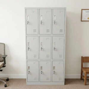 Light gray 9-door steel office locker cabinet with individual key locks, cardholder slots, and ventilation louvers in a 3x3 grid configuration.
