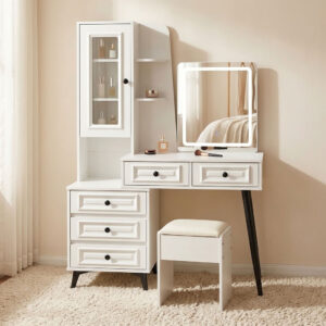 White dressing table vanity set with square illuminated LED light mirror, glass-door display hutch, side shelves, multi-drawer storage, black tapered legs, and cushioned stool.