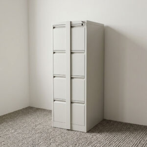 Heavy-duty grey steel 4-drawer vertical filing cabinet with integrated flush handles, index label slots, and top central key lock.