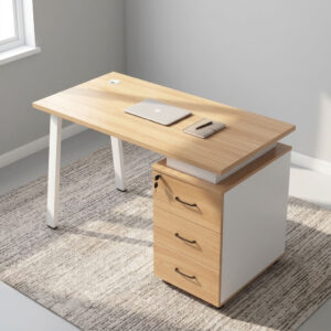 1400mm light oak executive office desk with white metal loop legs, integrated desktop cable grommet, and side pedestal with three locking drawers.