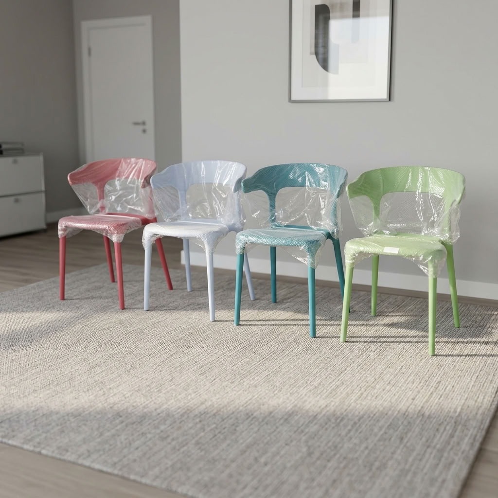 Stackable molded plastic dining armchairs in pastel pink, light blue, teal, and lime green wrapped in protective plastic film.