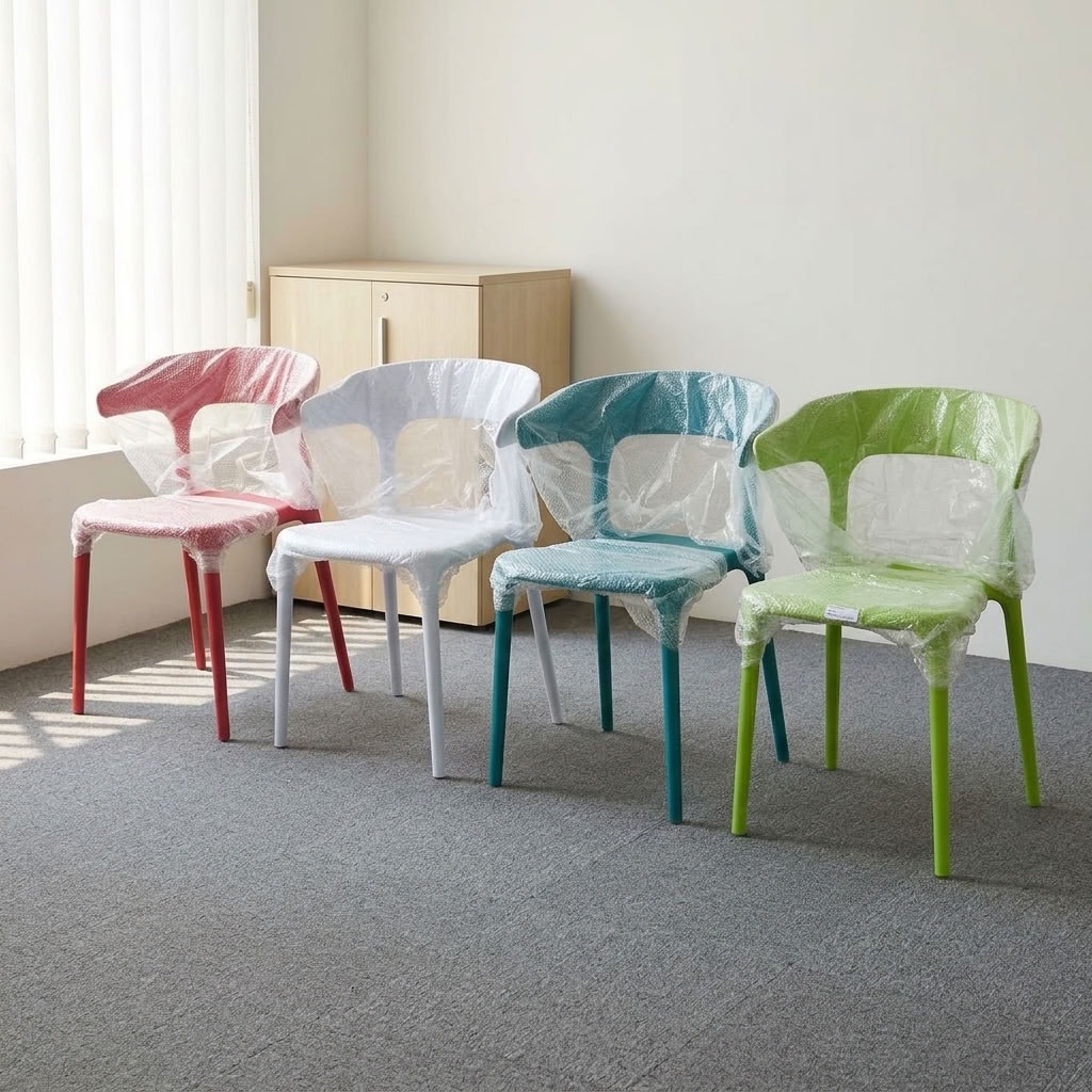 Stackable molded plastic dining armchairs in pastel pink, light blue, teal, and lime green wrapped in protective plastic film.