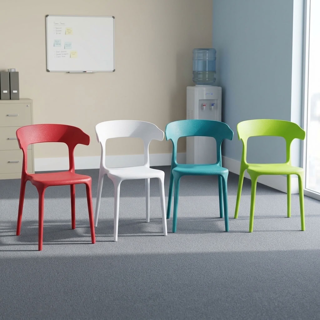 Stackable molded plastic dining armchairs in pastel pink, light blue, teal, and lime green wrapped in protective plastic film.