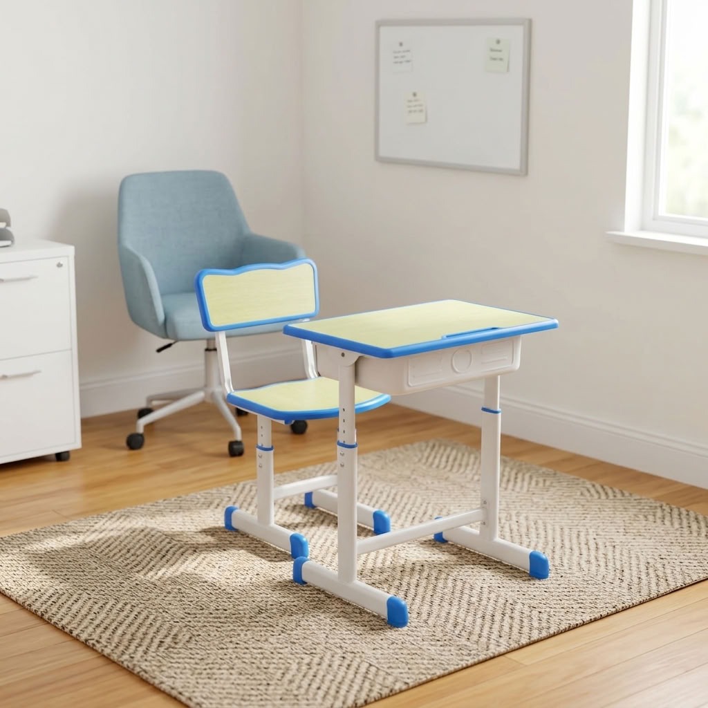 Adjustable kids study desk and chair set with light wood tops, blue protective edge trim, white metal telescoping legs, pull-out storage drawer, and pencil groove.