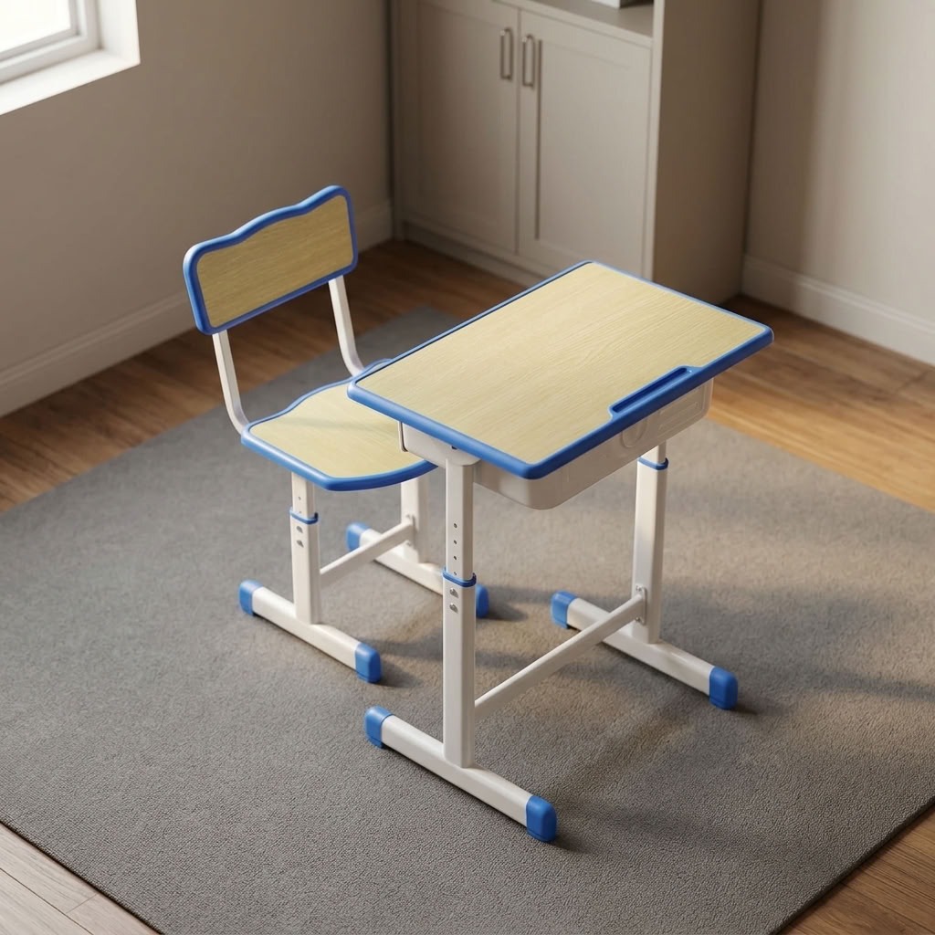 Adjustable kids study desk and chair set with light wood tops, blue protective edge trim, white metal telescoping legs, pull-out storage drawer, and pencil groove.