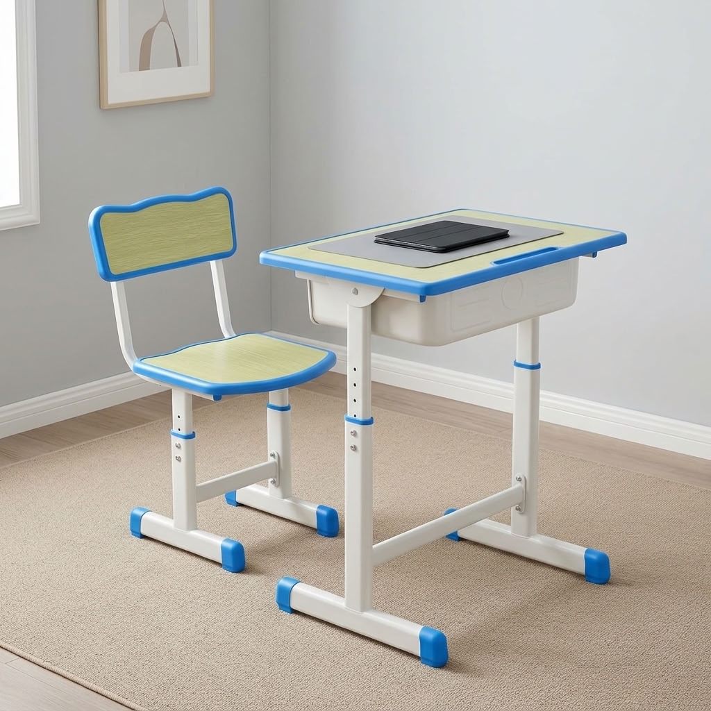 Adjustable kids study desk and chair set with light wood tops, blue protective edge trim, white metal telescoping legs, pull-out storage drawer, and pencil groove.