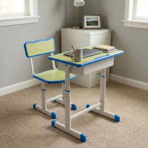 Adjustable kids study desk and chair set with light wood tops, blue protective edge trim, white metal telescoping legs, pull-out storage drawer, and pencil groove.