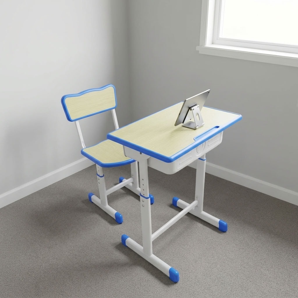 Adjustable kids study desk and chair set with light wood tops, blue protective edge trim, white metal telescoping legs, pull-out storage drawer, and pencil groove.
