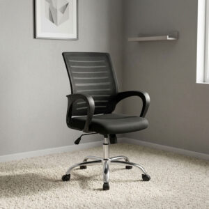 Black mesh secretarial chair with horizontal slotted backrest pattern, curved loop armrests, padded fabric seat, pneumatic height adjustment lever, and chrome swivel caster base.