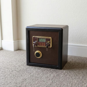 40kg brown and black fireproof safe box with digital keypad, LCD display screen, dual key locks, and circular rotary opening handle.