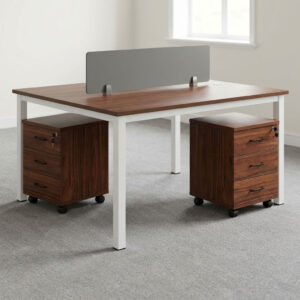 2-way modular open workstation with face-to-face walnut wooden desk tops, central frosted glass privacy divider panel, white metal frame legs, and under-desk 3-drawer mobile pedestals.