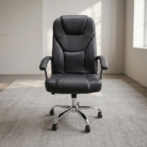 Executive high-back black leather office chair with segmented padded backrest, cushioned armrests, pneumatic height adjustment lever, and chrome swivel caster base.