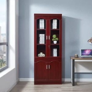 Mahogany wooden 2-door filing cabinet with arched glass display doors, lockable upper compartment with key, silver vertical handles, and lower solid wood cupboard doors.