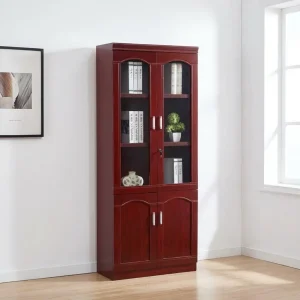 Mahogany wooden 2-door filing cabinet with arched glass display doors, lockable upper compartment with key, silver vertical handles, and lower solid wood cupboard doors.