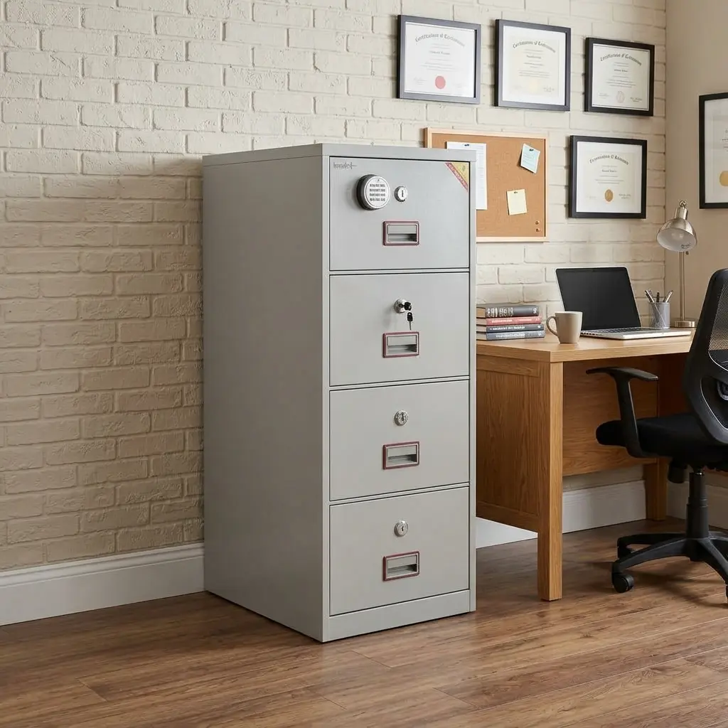 Light gray 4-drawer fireproof safe cabinet with top mechanical combination dial, key lock cylinders, metal flush pull handles, and label card slots.