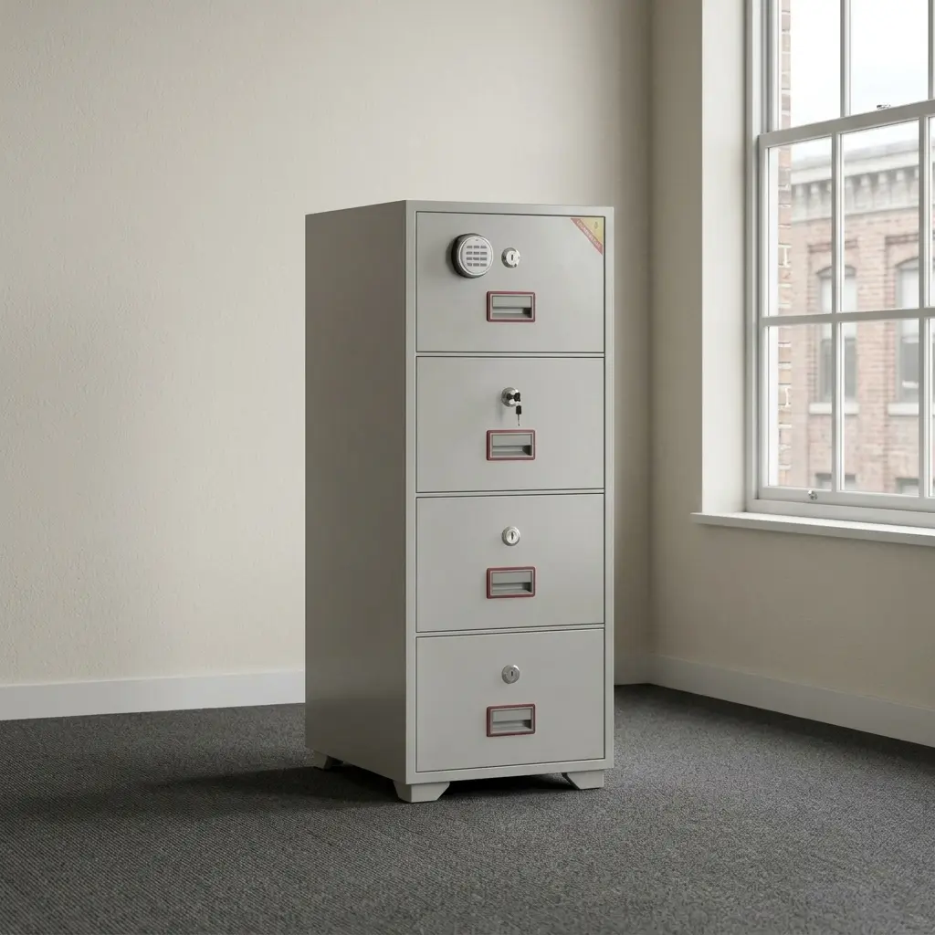 Light gray 4-drawer fireproof safe cabinet with top mechanical combination dial, key lock cylinders, metal flush pull handles, and label card slots.