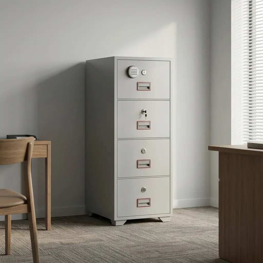 Light gray 4-drawer fireproof safe cabinet with top mechanical combination dial, key lock cylinders, metal flush pull handles, and label card slots.