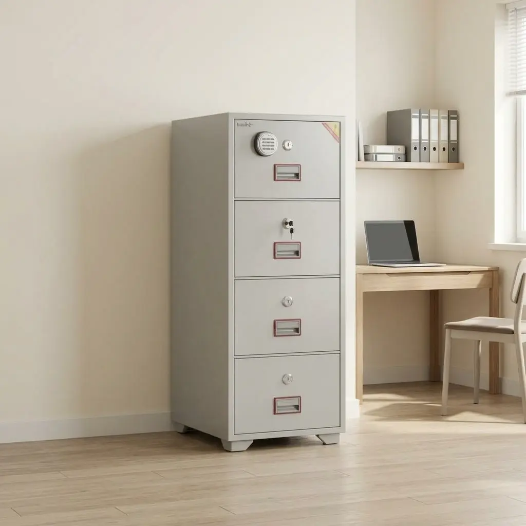 Light gray 4-drawer fireproof safe cabinet with top mechanical combination dial, key lock cylinders, metal flush pull handles, and label card slots.